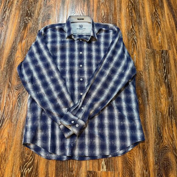 Bugatchi Men's XL Blue Button Up Casual Shirt Top Long Sleeve Plaid‎ Flip Cuff - Picture 3 of 8